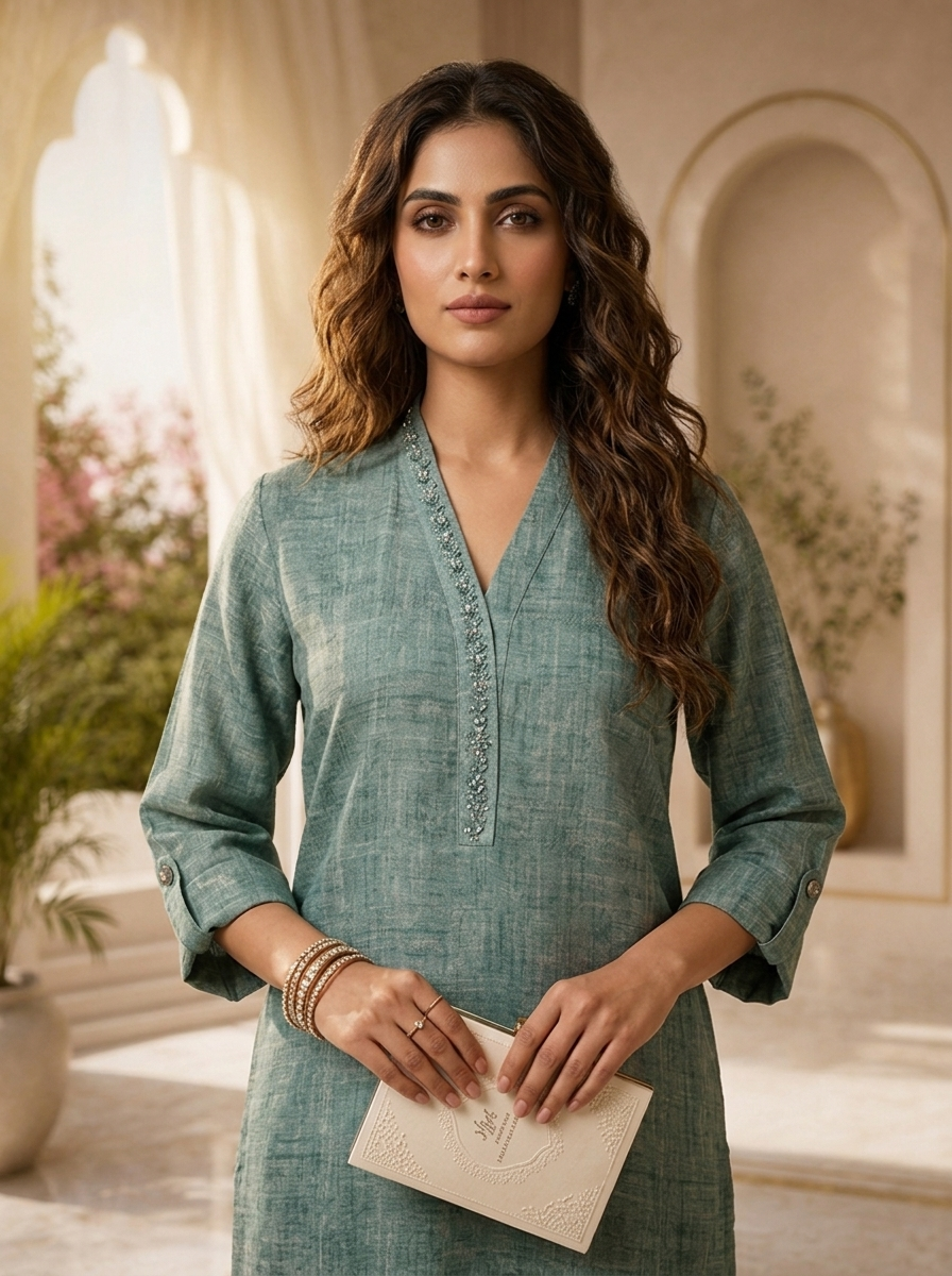 Olive Silk Sequins Embroidery And Solid Design Three Piece Set