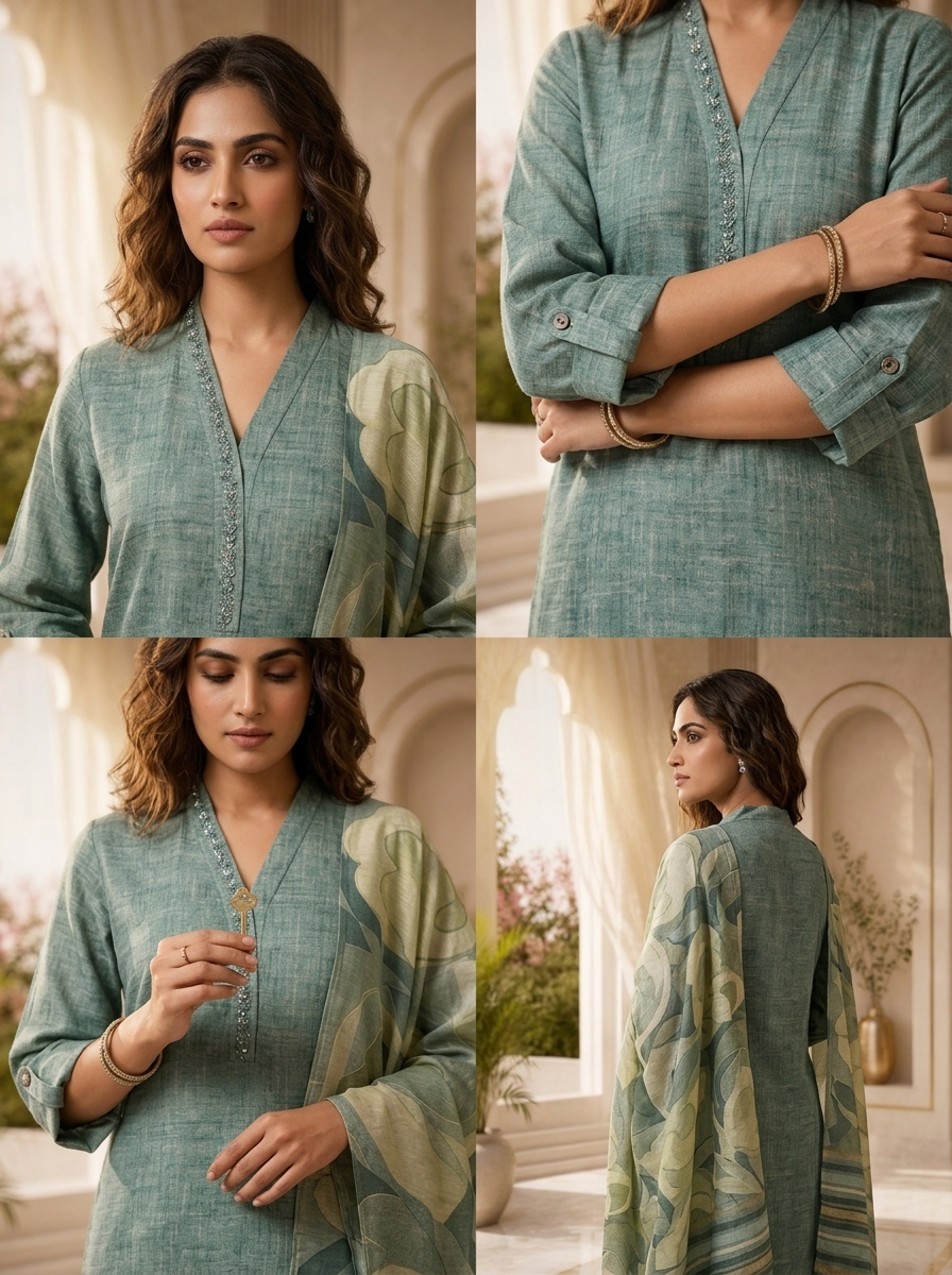Olive Silk Sequins Embroidery And Solid Design Three Piece Set