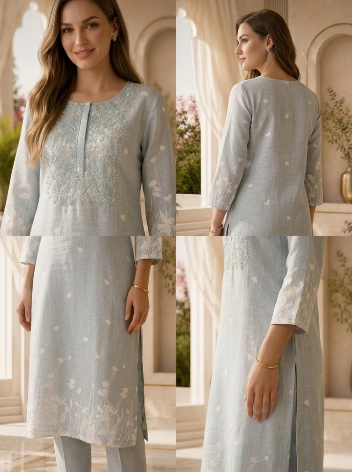 Grey Heavy Thread Embroidered Linen Two Piece Set
