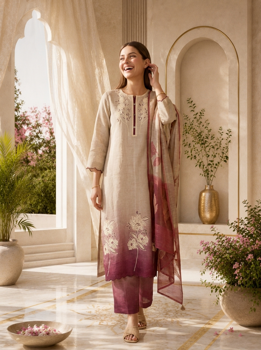 Beige And Maroon Solid Design Linen Three Piece Set