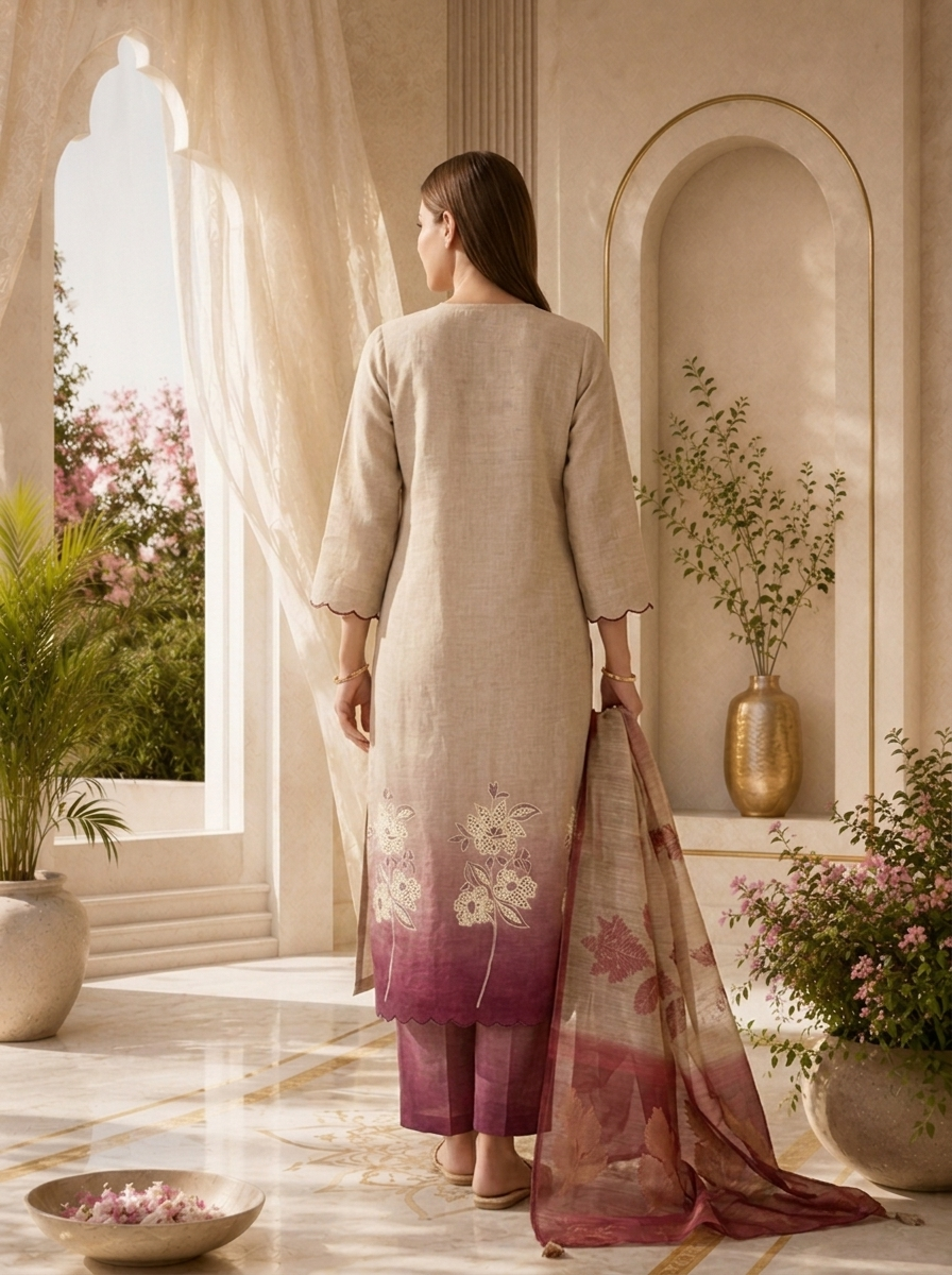 Beige And Maroon Solid Design Linen Three Piece Set