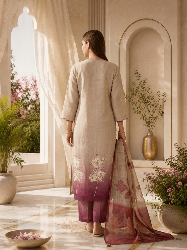 Beige And Maroon Solid Design Linen Three Piece Set