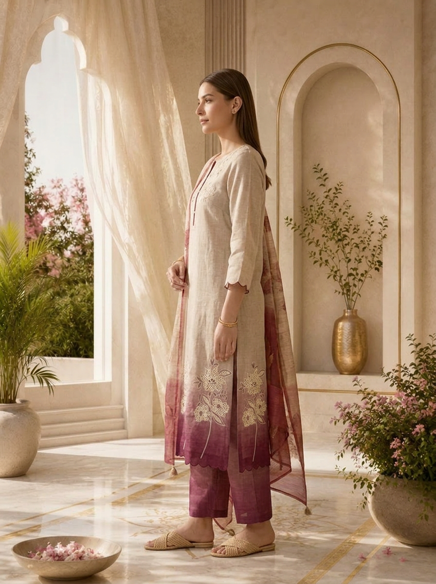 Beige And Maroon Solid Design Linen Three Piece Set
