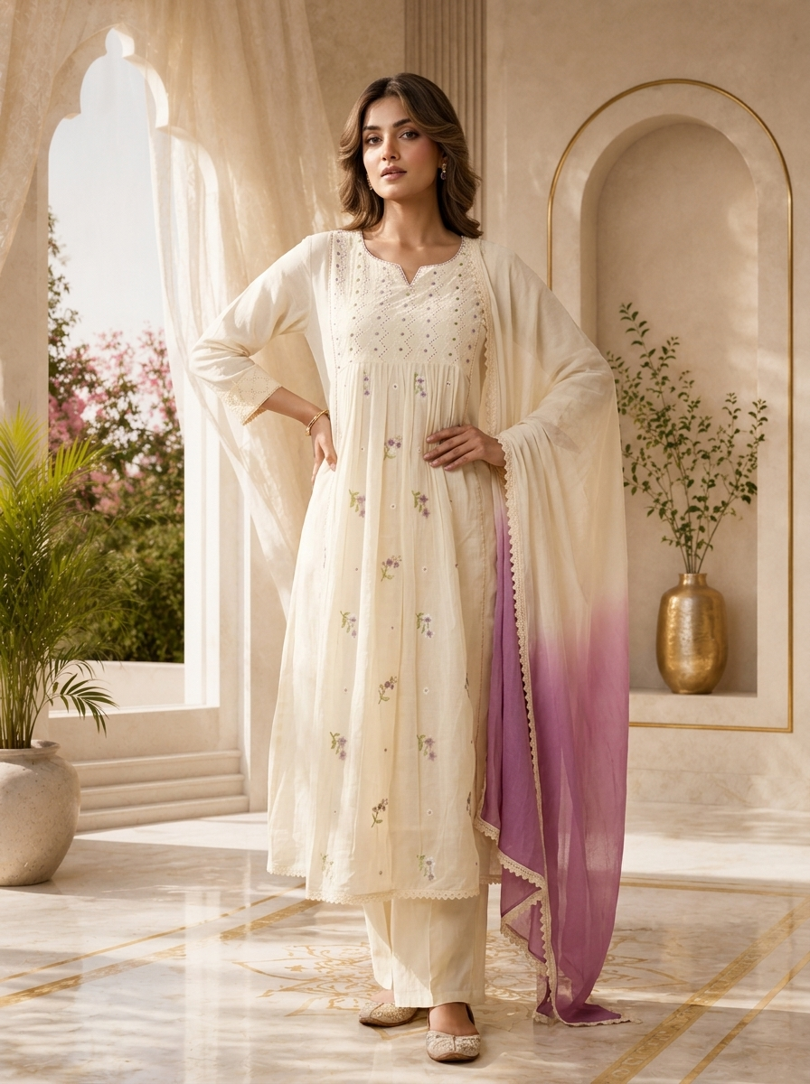 Cream Cotton Hand Embroidery And Chikankari Design Three Piece Set