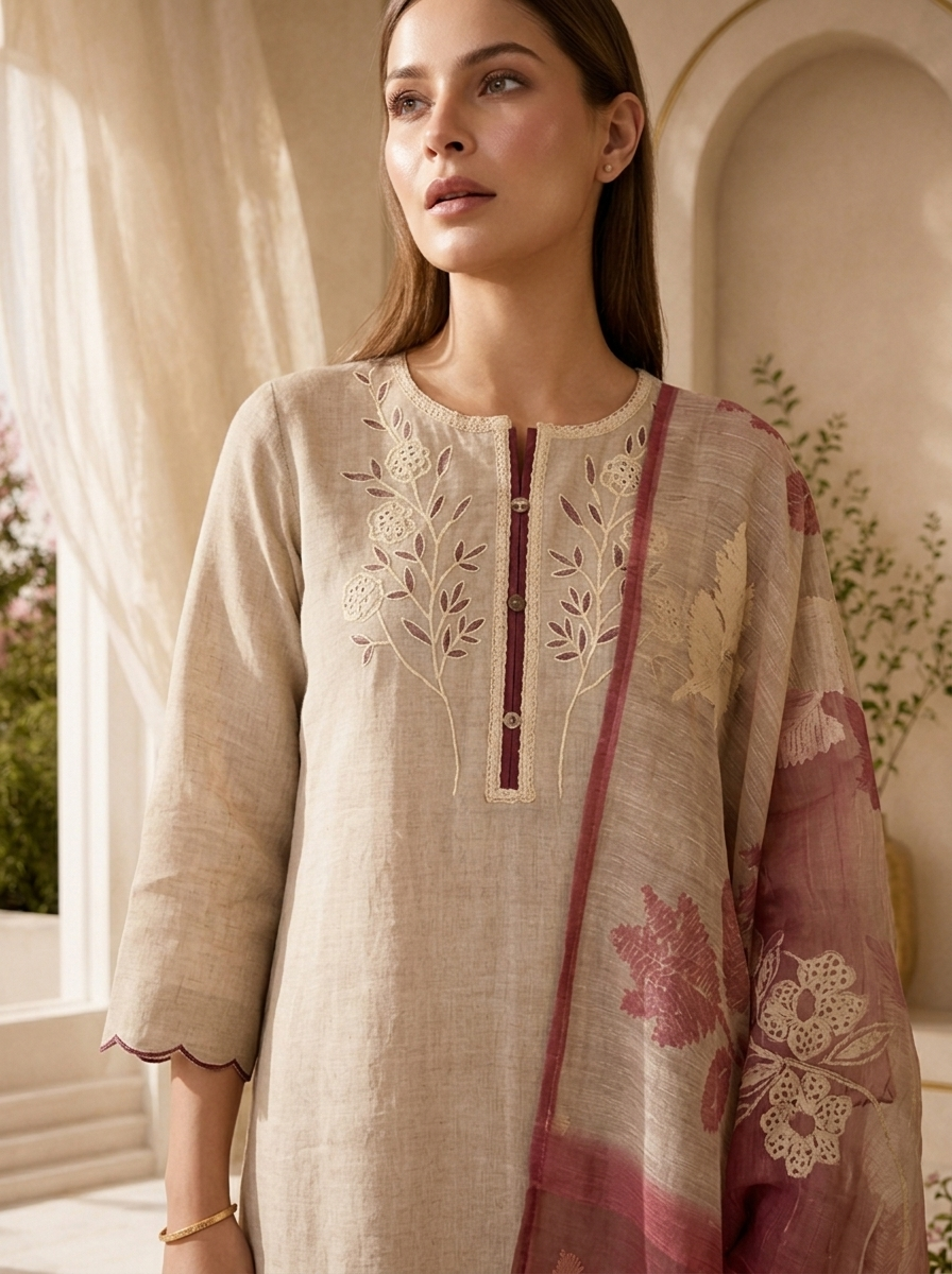 Beige And Maroon Solid Design Linen Three Piece Set