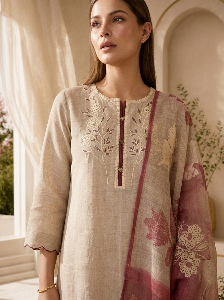 Beige And Maroon Solid Design Linen Three Piece Set
