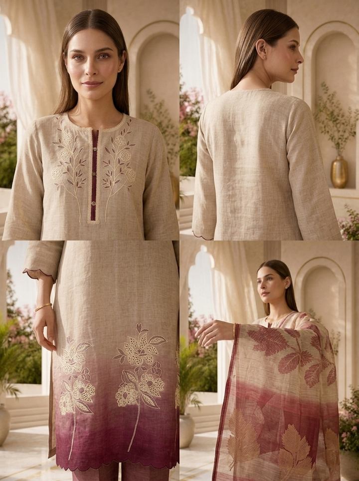 Beige And Maroon Solid Design Linen Three Piece Set