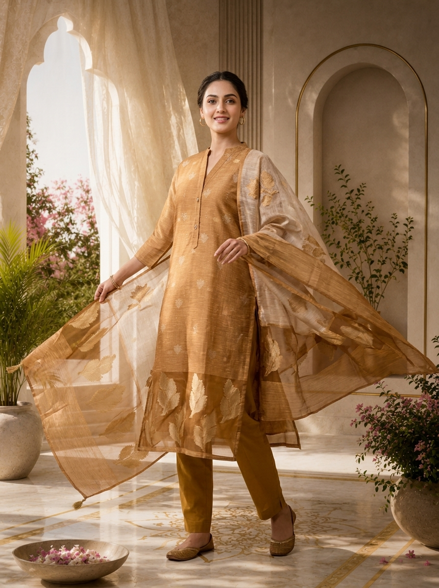 Gold Silk Three Piece Set With Gold Leaf Motifs