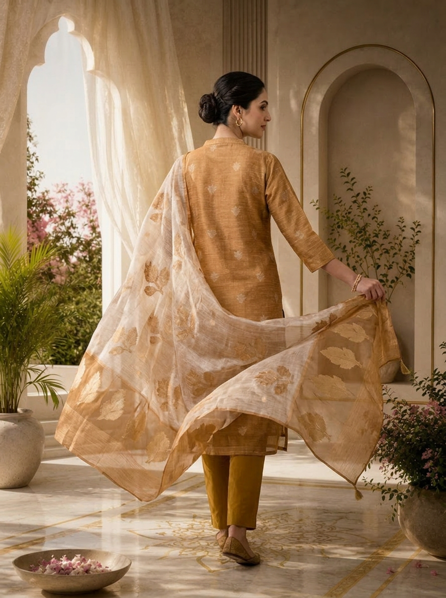 Gold Silk Three Piece Set With Gold Leaf Motifs