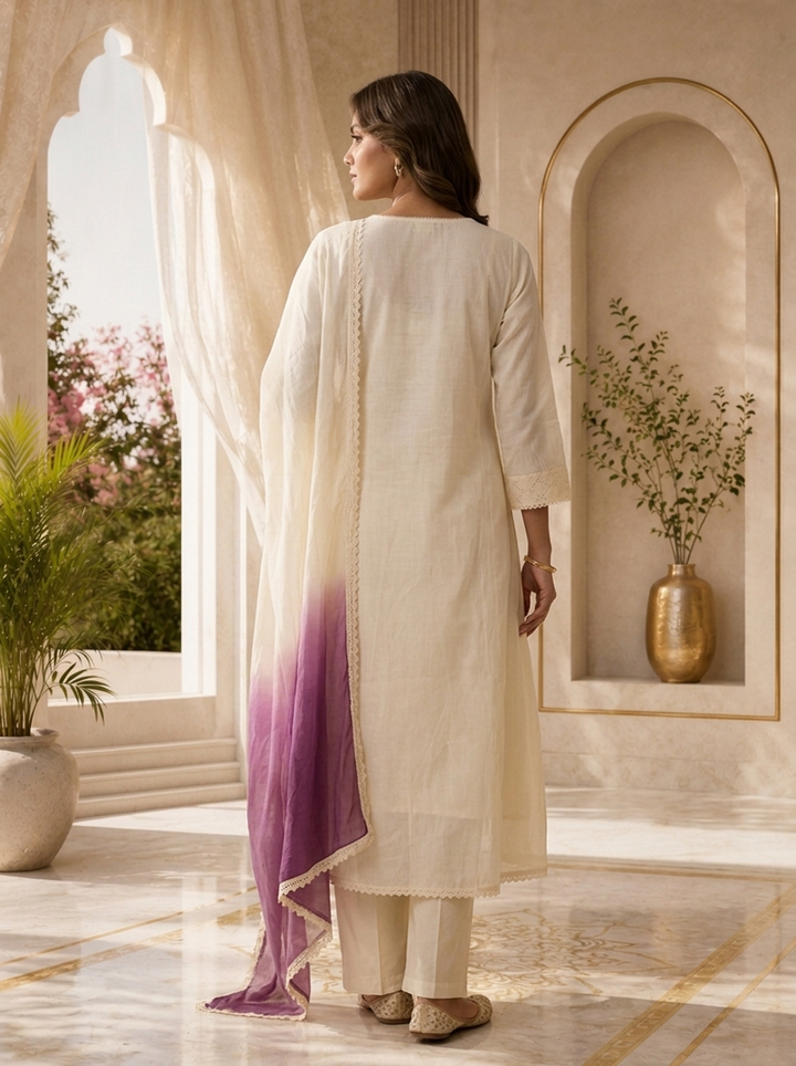 Cream Cotton Hand Embroidery And Chikankari Design Three Piece Set