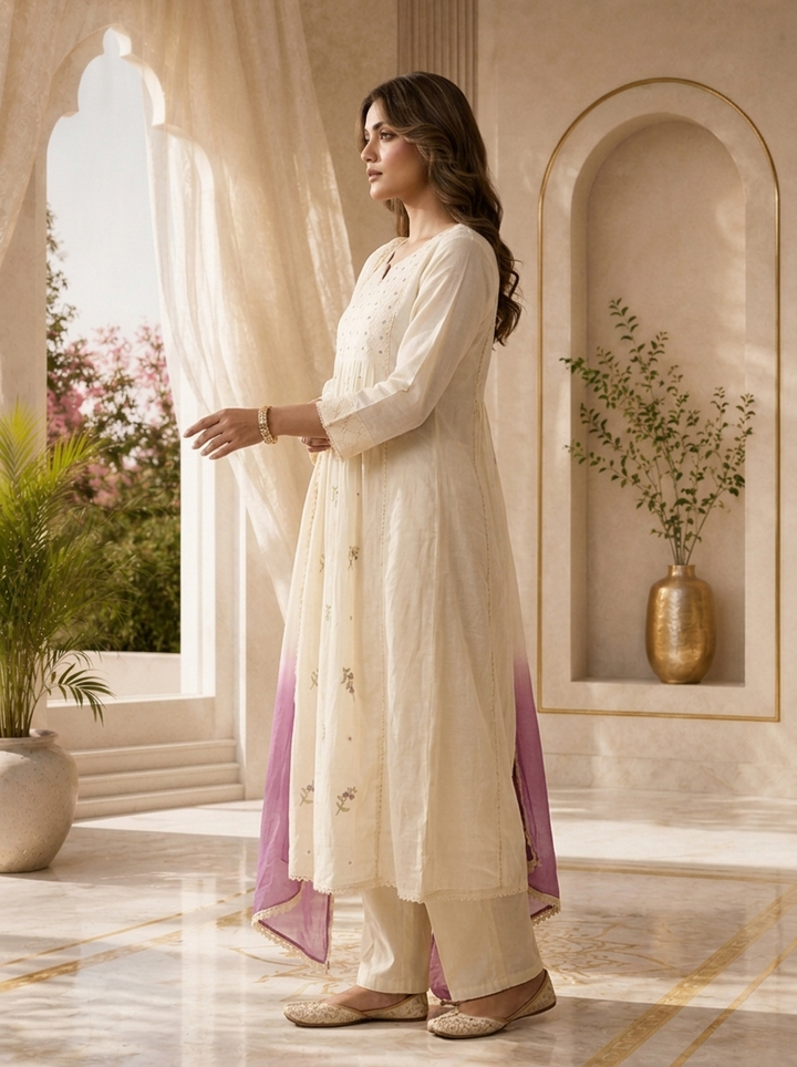 Cream Cotton Hand Embroidery And Chikankari Design Three Piece Set