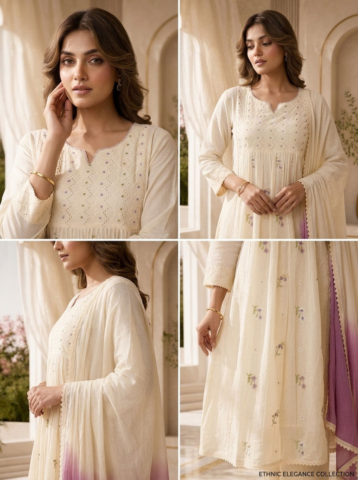 Cream Cotton Hand Embroidery And Chikankari Design Three Piece Set