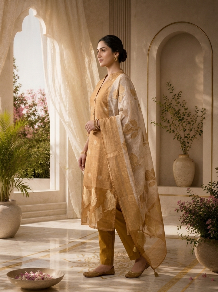 Gold Silk Three Piece Set With Gold Leaf Motifs