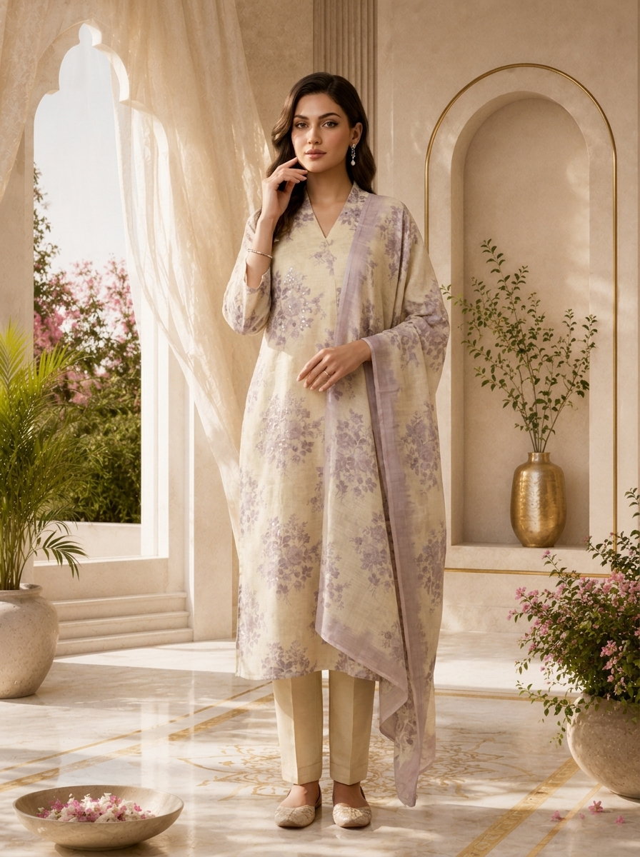 Lilac And Cream Floral Printed Linen Three Piece Set