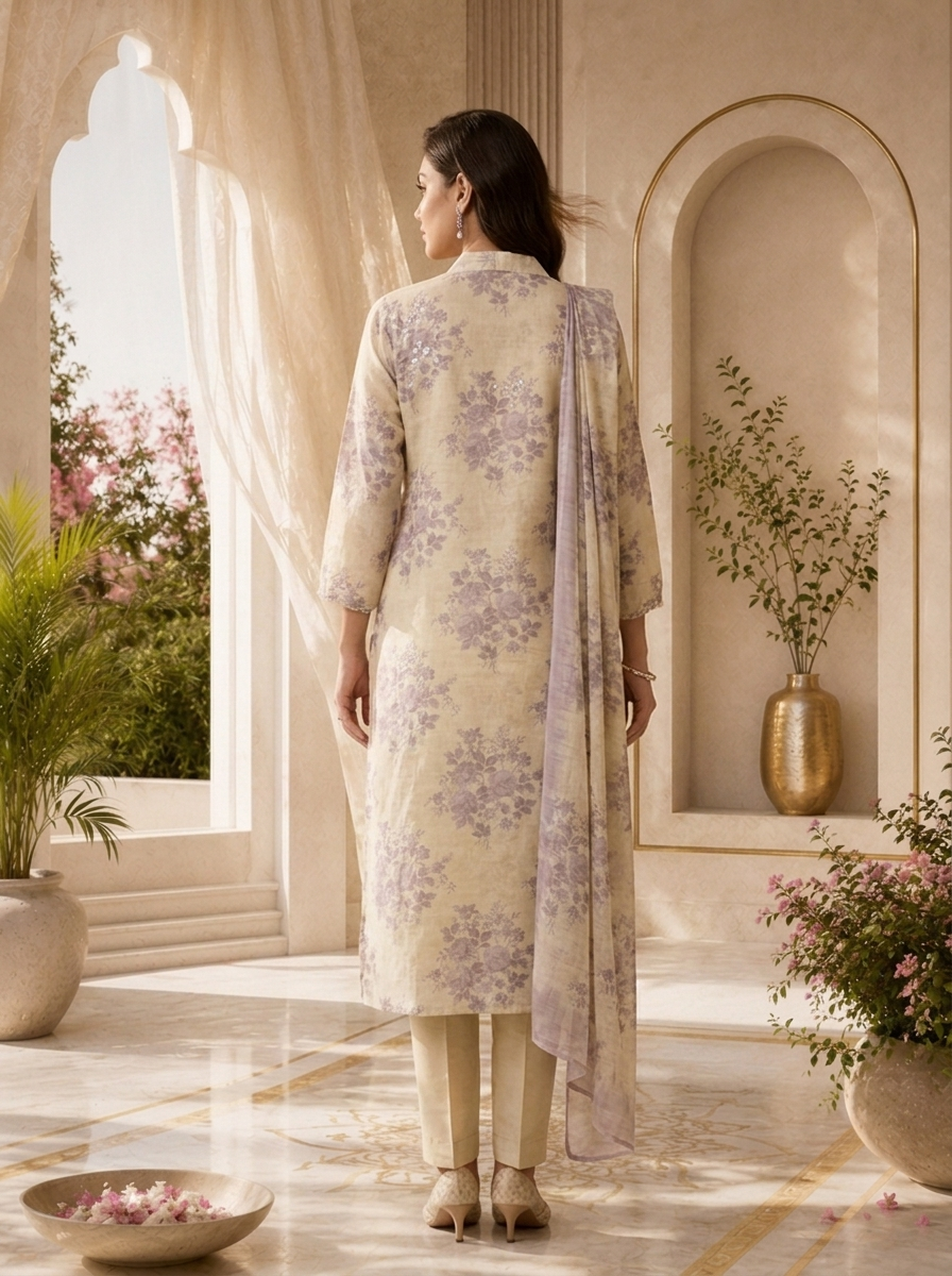 Lilac And Cream Floral Printed Linen Three Piece Set