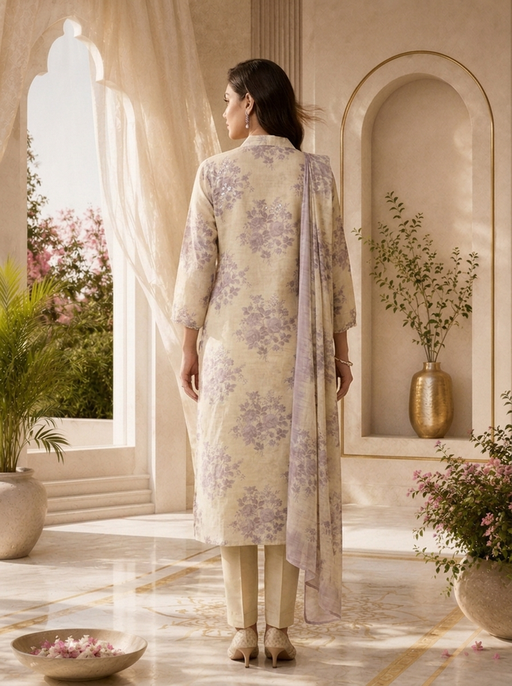 Lilac And Cream Floral Printed Linen Three Piece Set