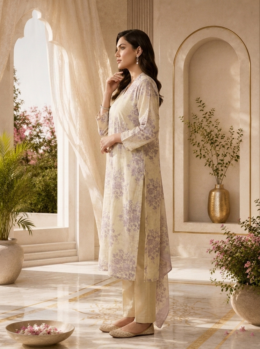 Lilac And Cream Floral Printed Linen Three Piece Set