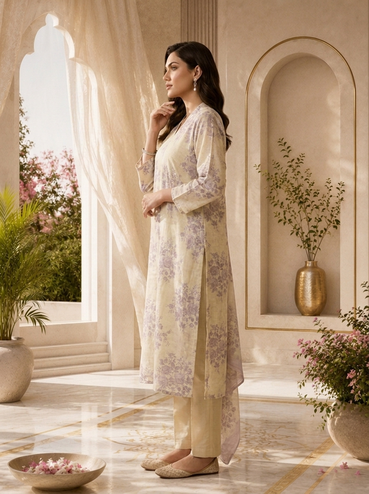 Lilac And Cream Floral Printed Linen Three Piece Set