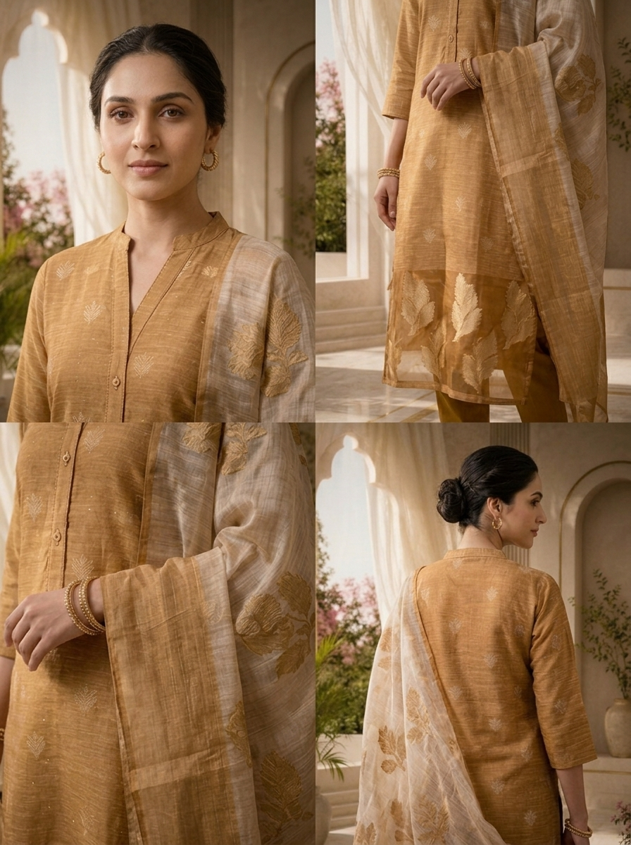 Gold Silk Three Piece Set With Gold Leaf Motifs