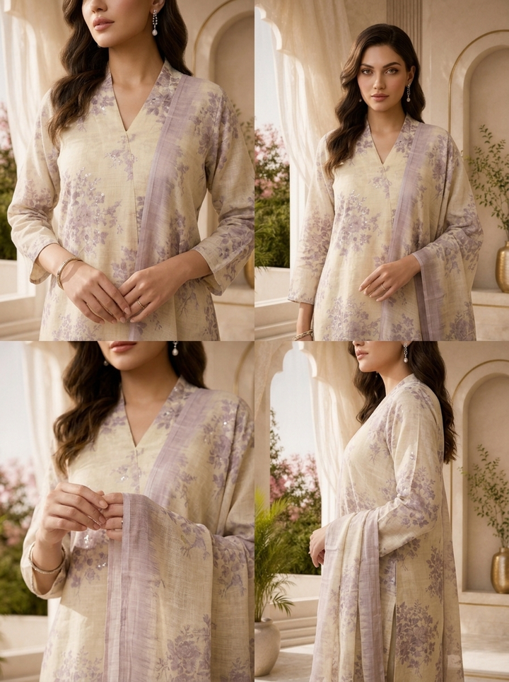 Lilac And Cream Floral Printed Linen Three Piece Set