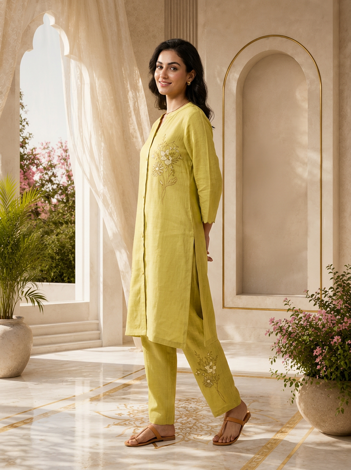 Green Floral Hand Embroidered Linen Two Piece Set