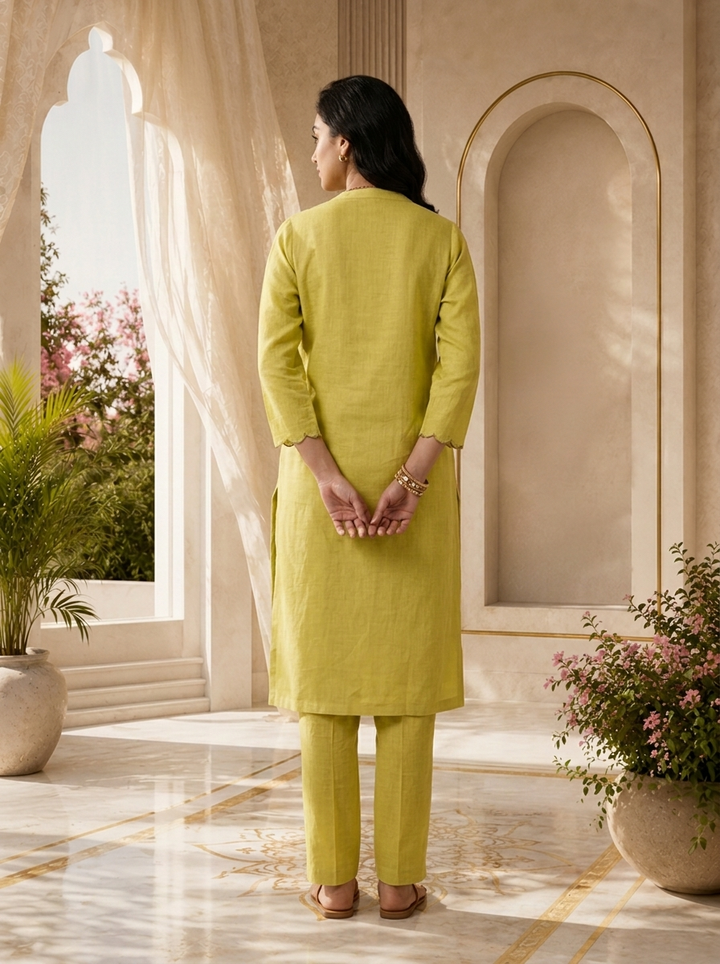 Green Floral Hand Embroidered Linen Two Piece Set