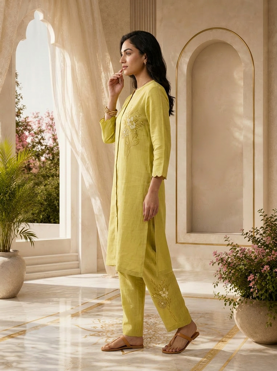 Green Floral Hand Embroidered Linen Two Piece Set