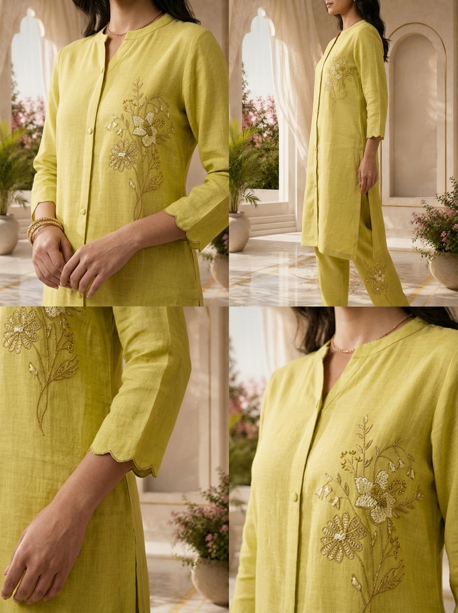 Green Floral Hand Embroidered Linen Two Piece Set