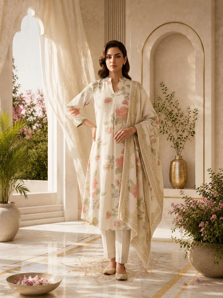 Off White Rayon Floral Printed Three Piece Set