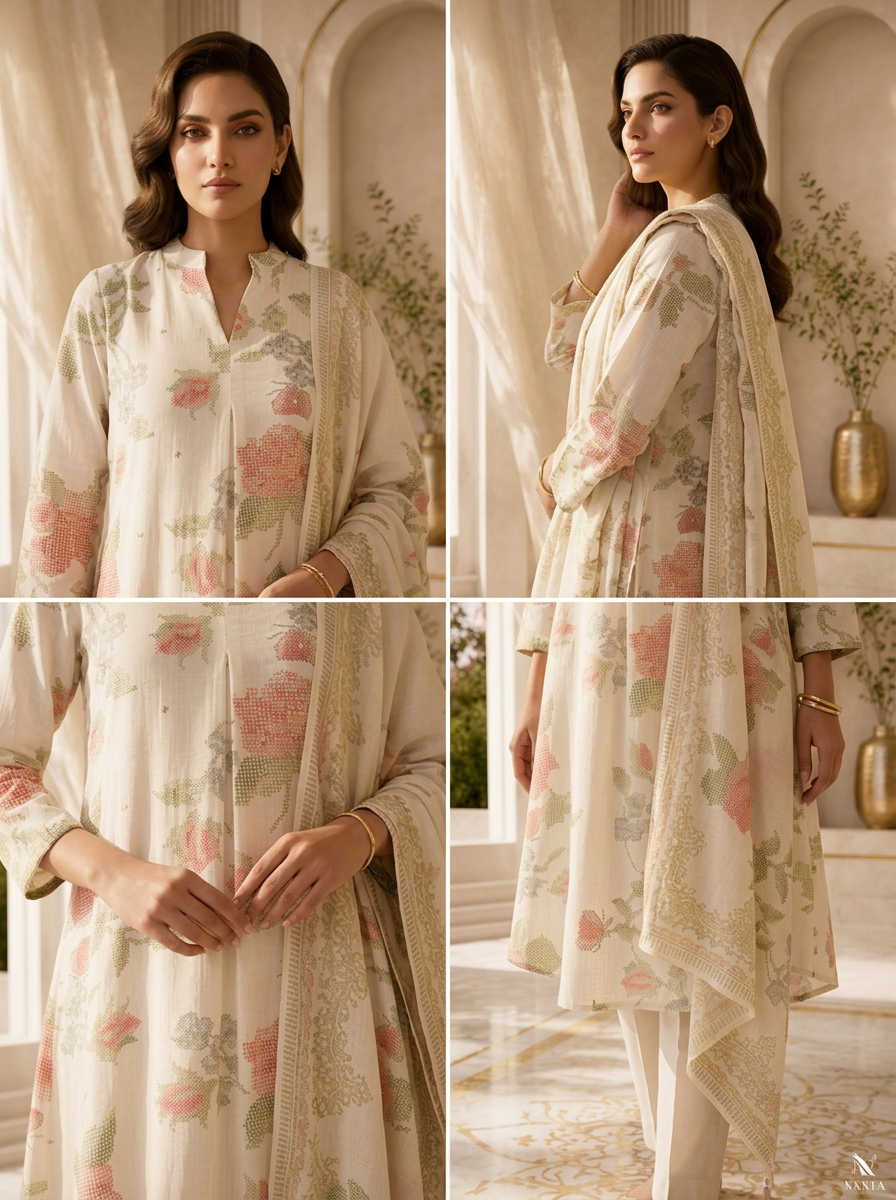 Off White Rayon Floral Printed Three Piece Set