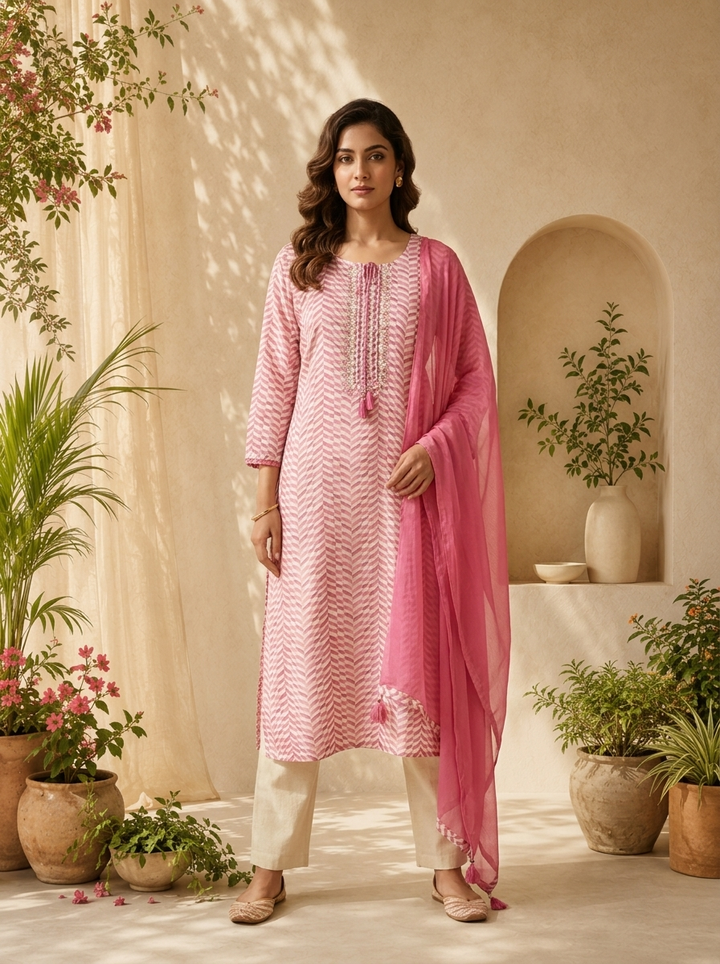 Pink Linen Mirror Embroidery And Striped Design Three Piece Set