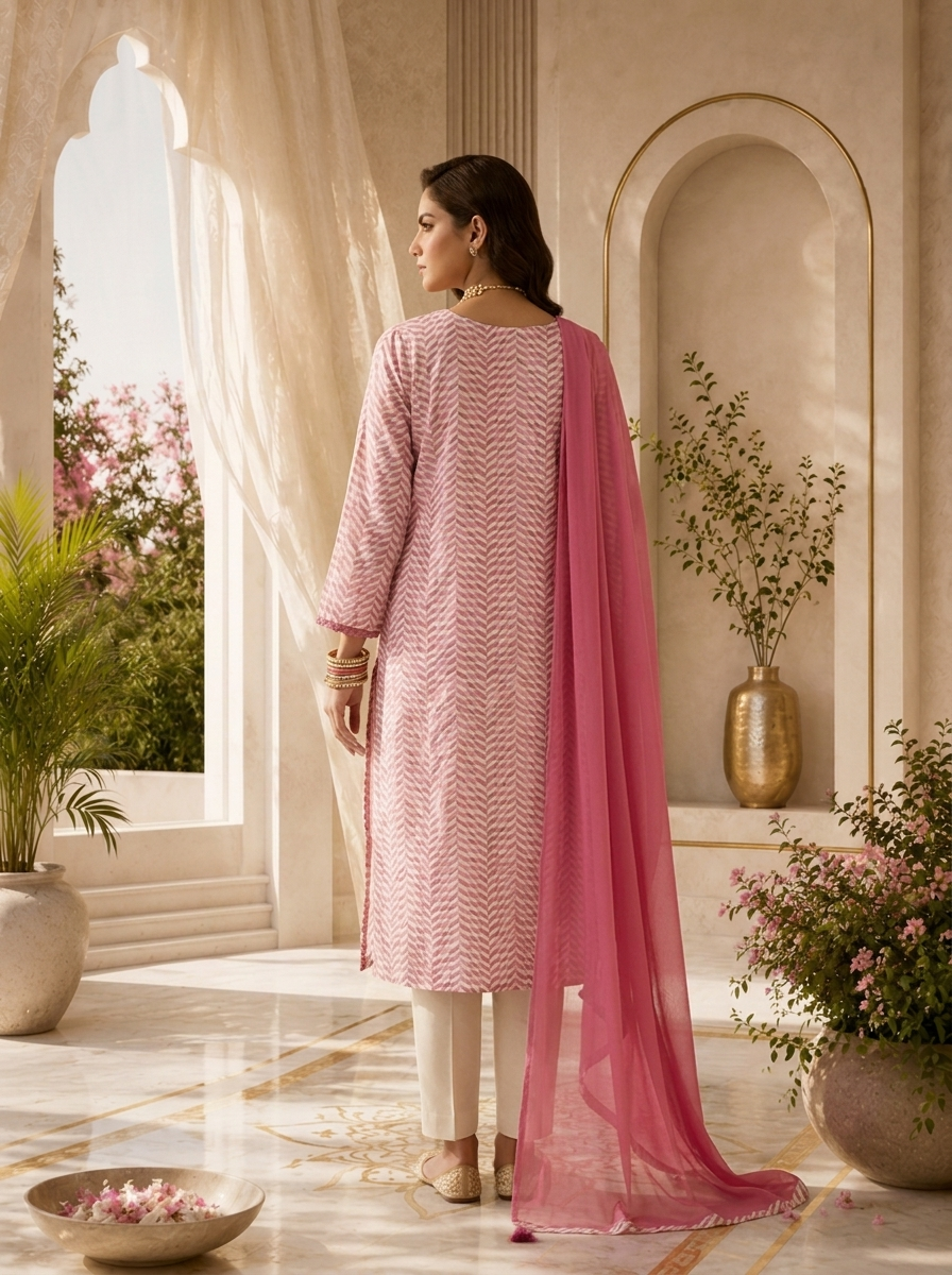 Pink Linen Mirror Embroidery And Striped Design Three Piece Set