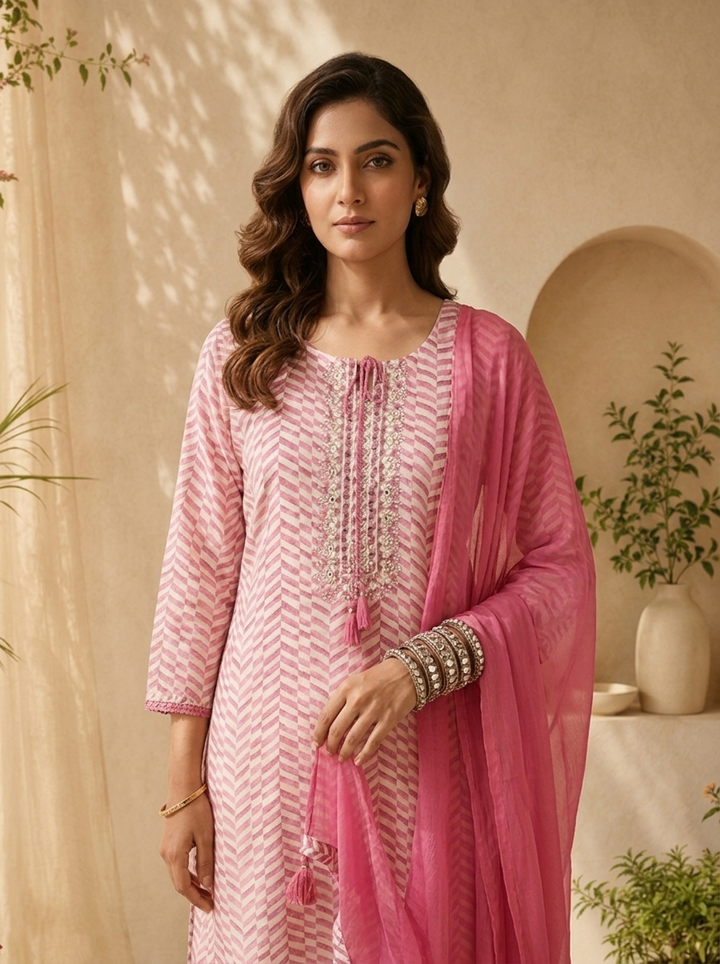 Pink Linen Mirror Embroidery And Striped Design Three Piece Set
