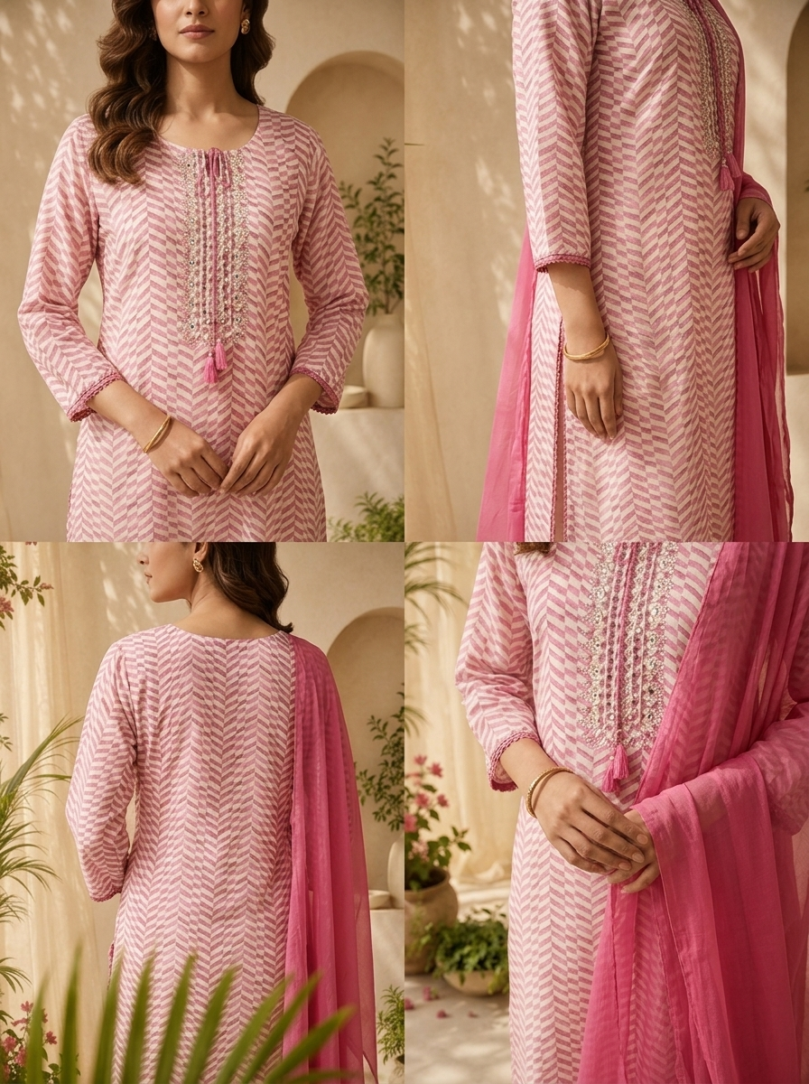 Pink Linen Mirror Embroidery And Striped Design Three Piece Set