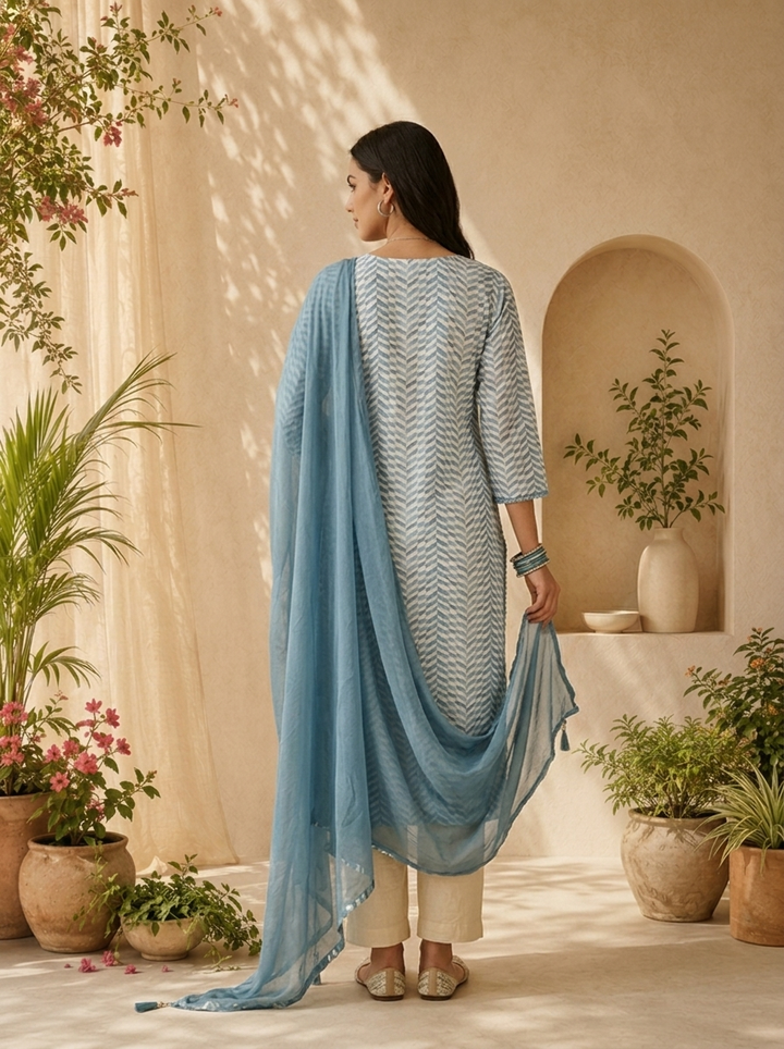 Blue Linen Mirror Embroidery And Striped Design Three Piece Set