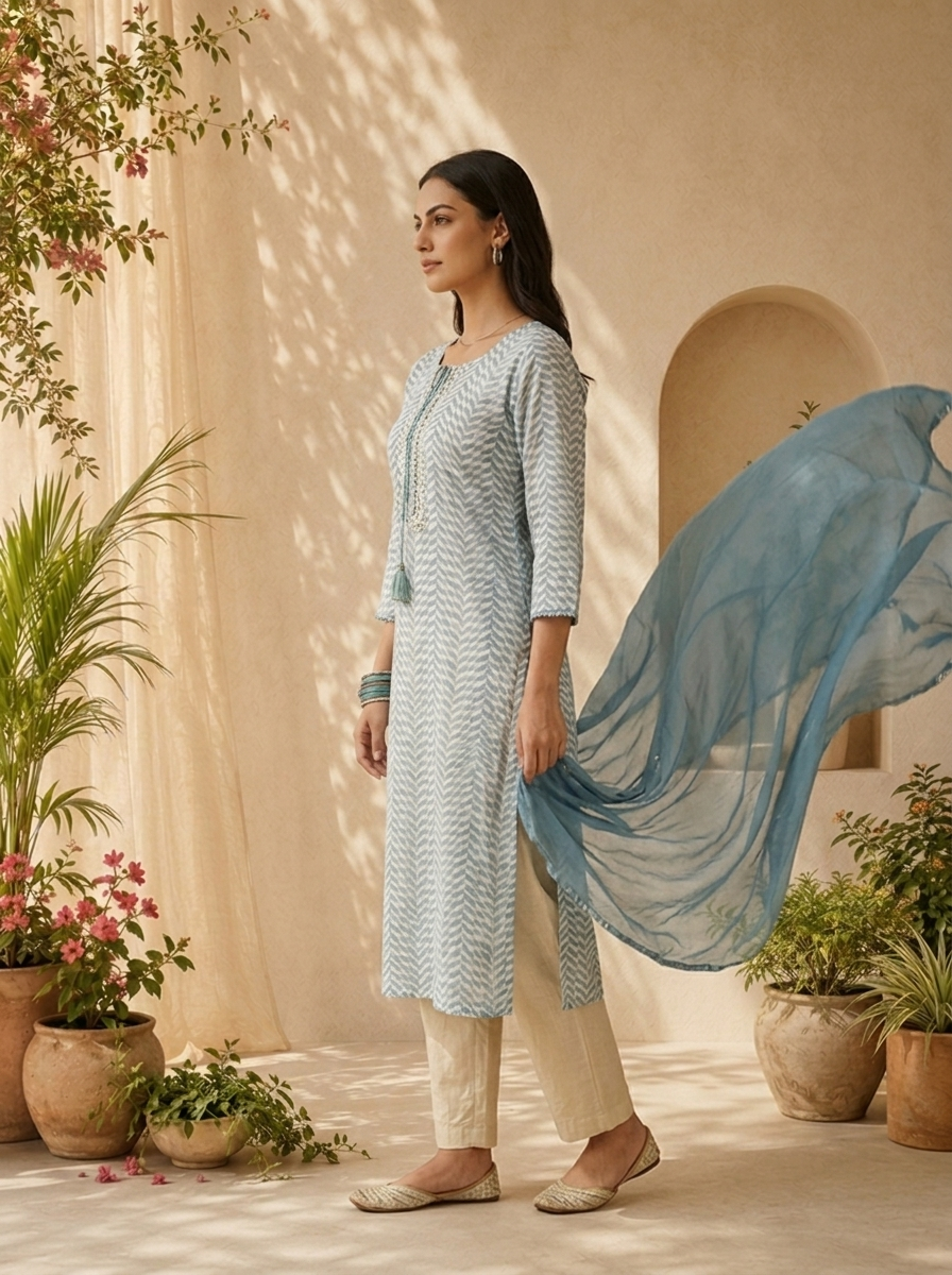 Blue Linen Mirror Embroidery And Striped Design Three Piece Set