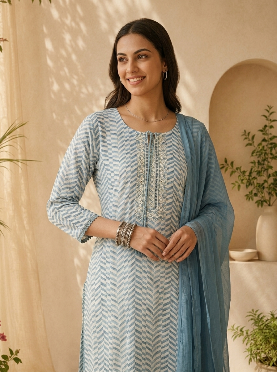 Blue Linen Mirror Embroidery And Striped Design Three Piece Set