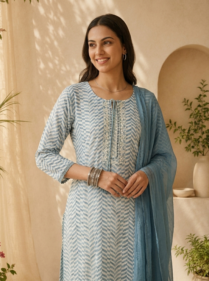 Blue Linen Mirror Embroidery And Striped Design Three Piece Set