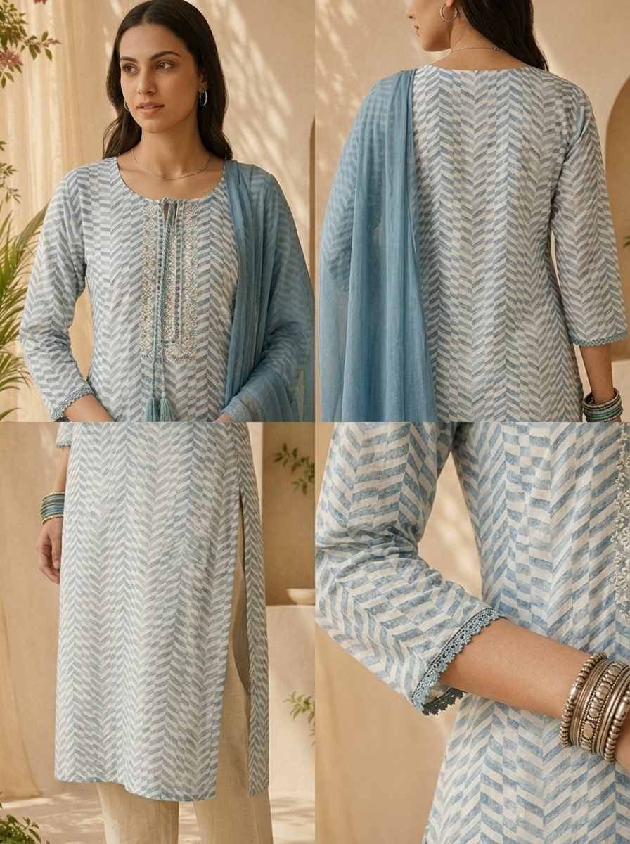 Blue Linen Mirror Embroidery And Striped Design Three Piece Set