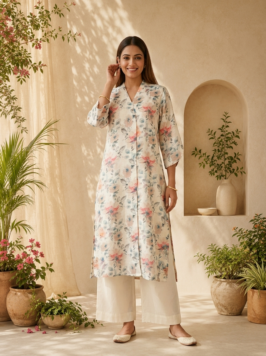 Off White Linen Sequins Hand Embroidered Kurta