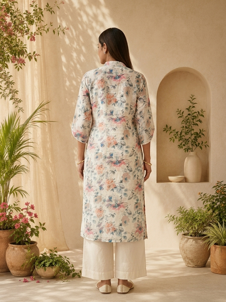 Off White Linen Sequins Hand Embroidered Kurta