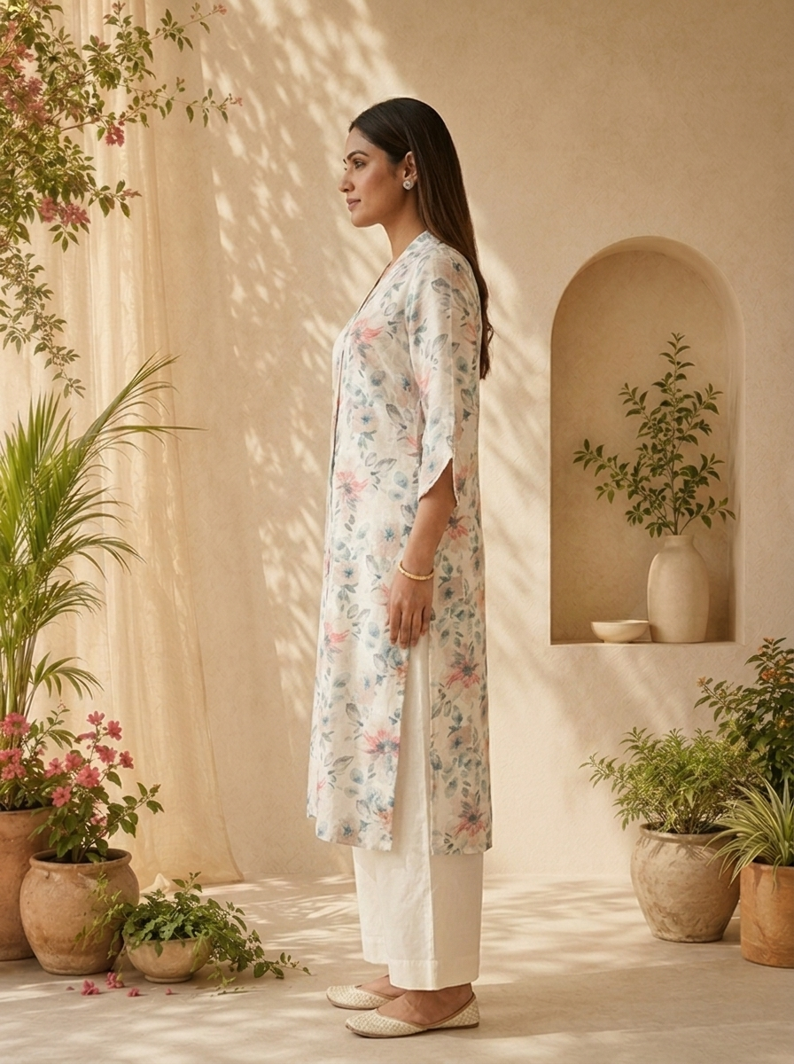 Off White Linen Sequins Hand Embroidered Kurta