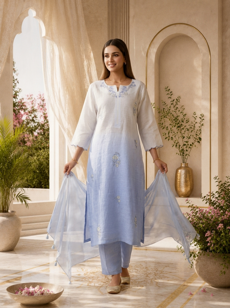 Sky Blue Hand Embroidered Linen Three Piece Set