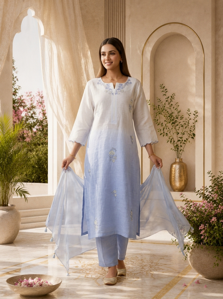 Sky Blue Hand Embroidered Linen Three Piece Set