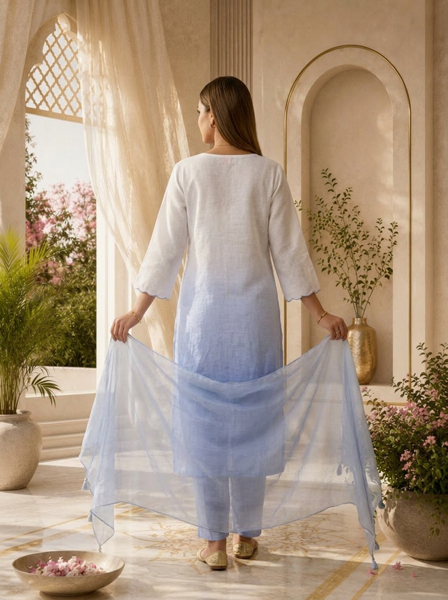 Sky Blue Hand Embroidered Linen Three Piece Set