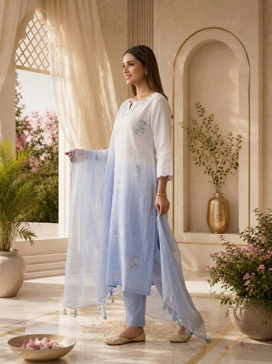 Sky Blue Hand Embroidered Linen Three Piece Set