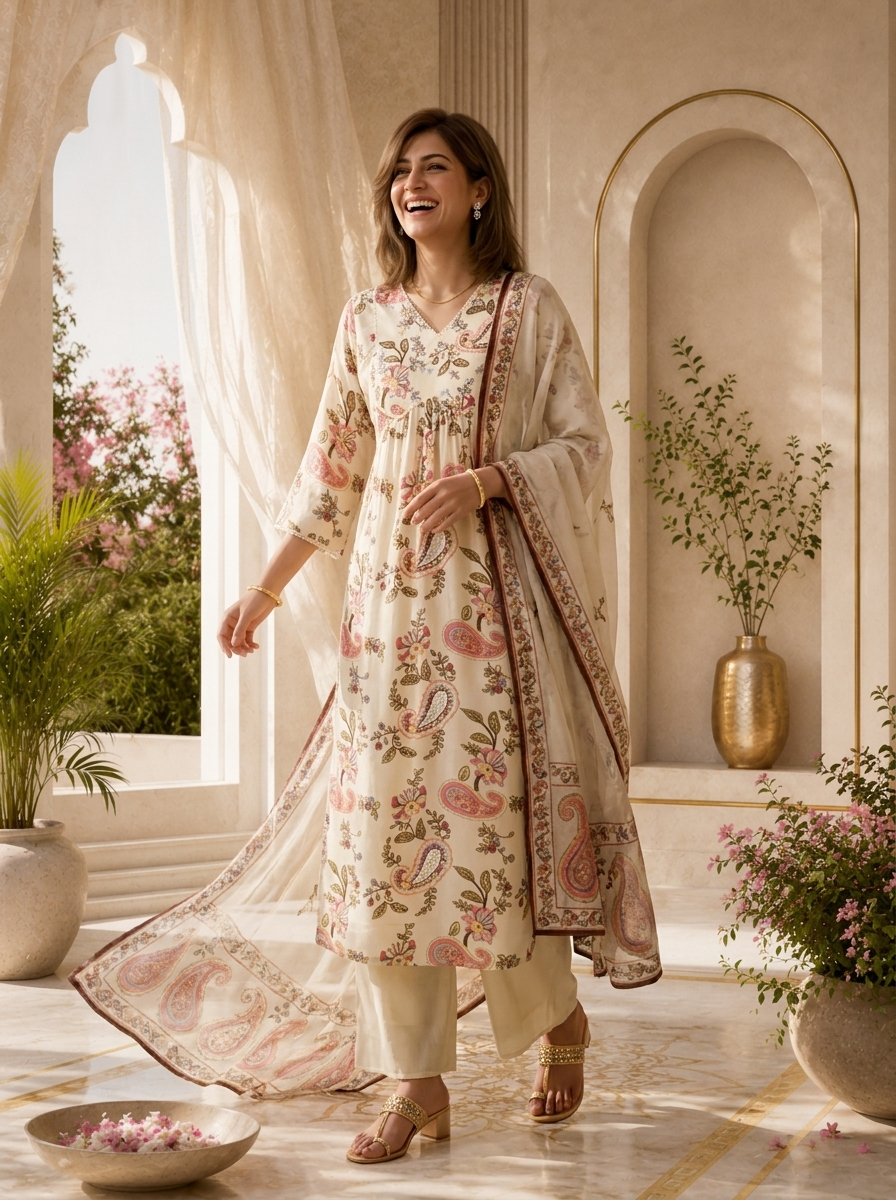 Off White Paisley Printed And Hand Embroidery Crepe Three Piece Set