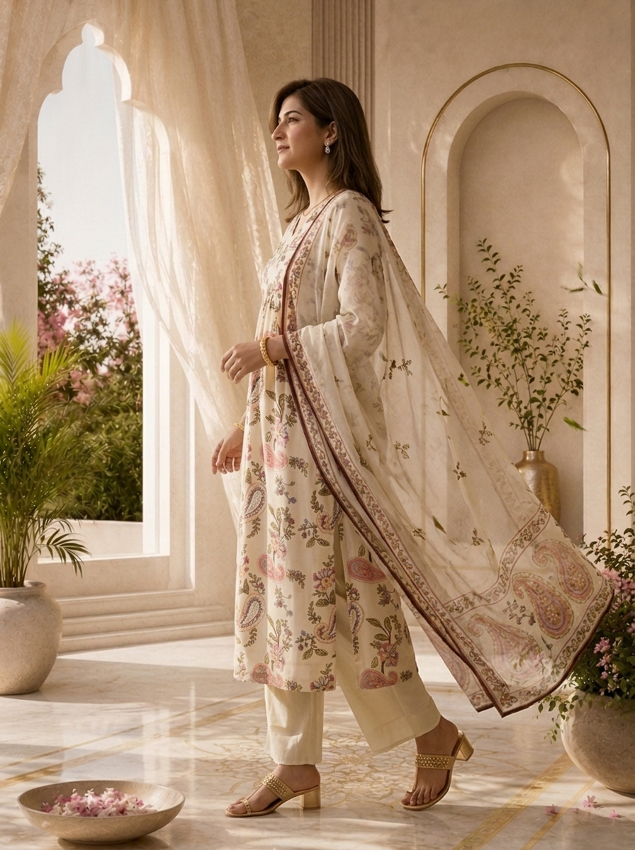 Off White Paisley Printed And Hand Embroidery Crepe Three Piece Set
