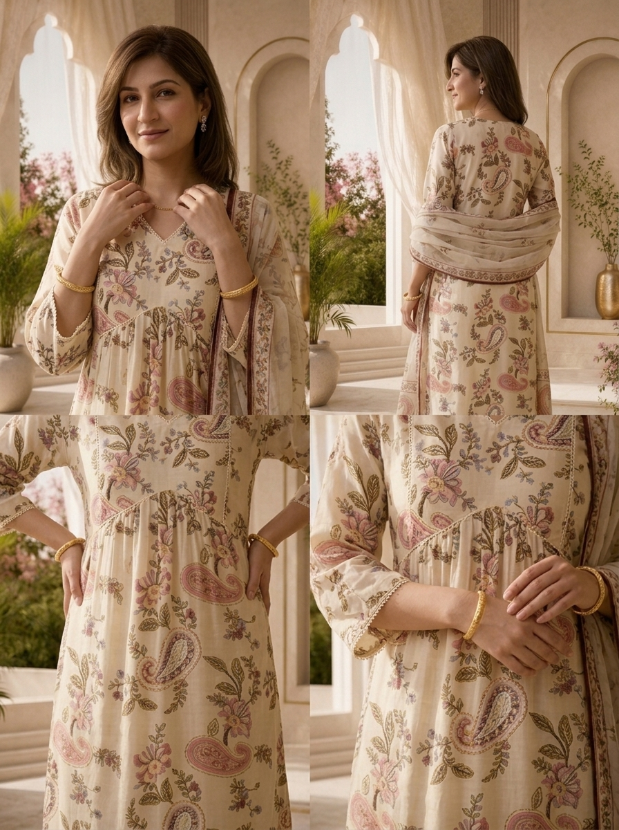 Off White Paisley Printed And Hand Embroidery Crepe Three Piece Set