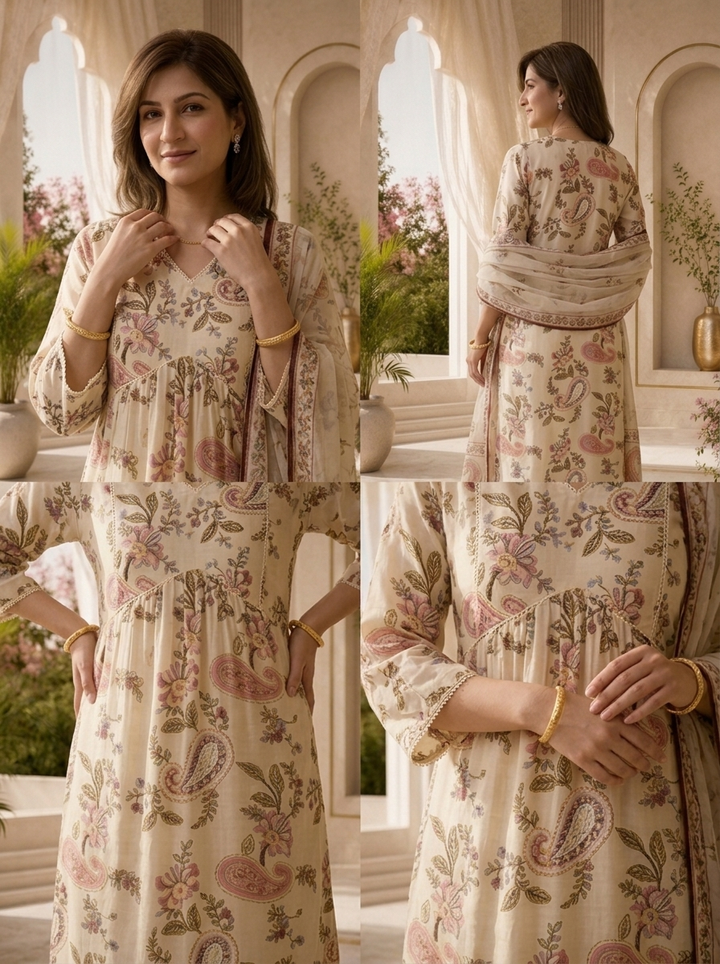 Off White Paisley Printed And Hand Embroidery Crepe Three Piece Set